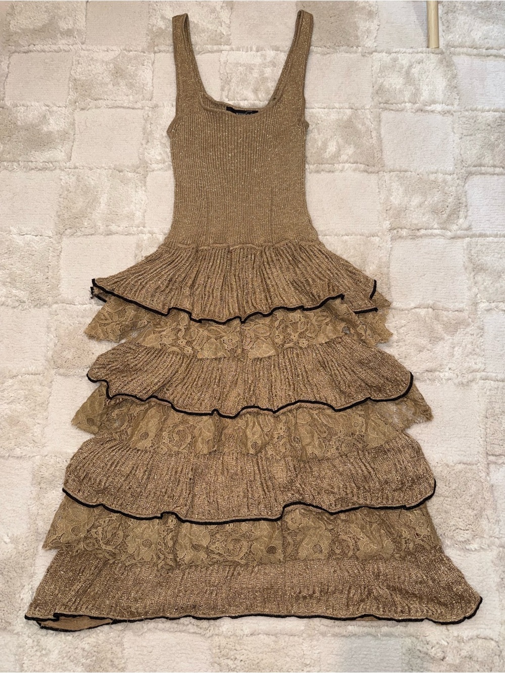 Mango Suit Tiered Knit Lace Ruffle Midi Dress in Metallic Gold Size S